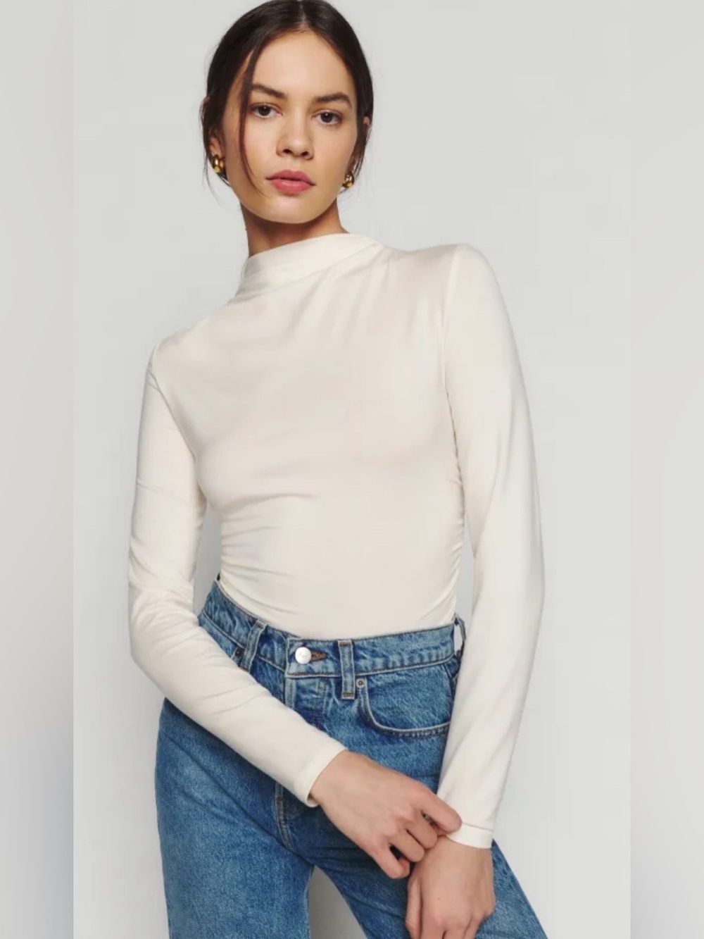 Reformation Cream Long-Sleeve Mock Neck Top